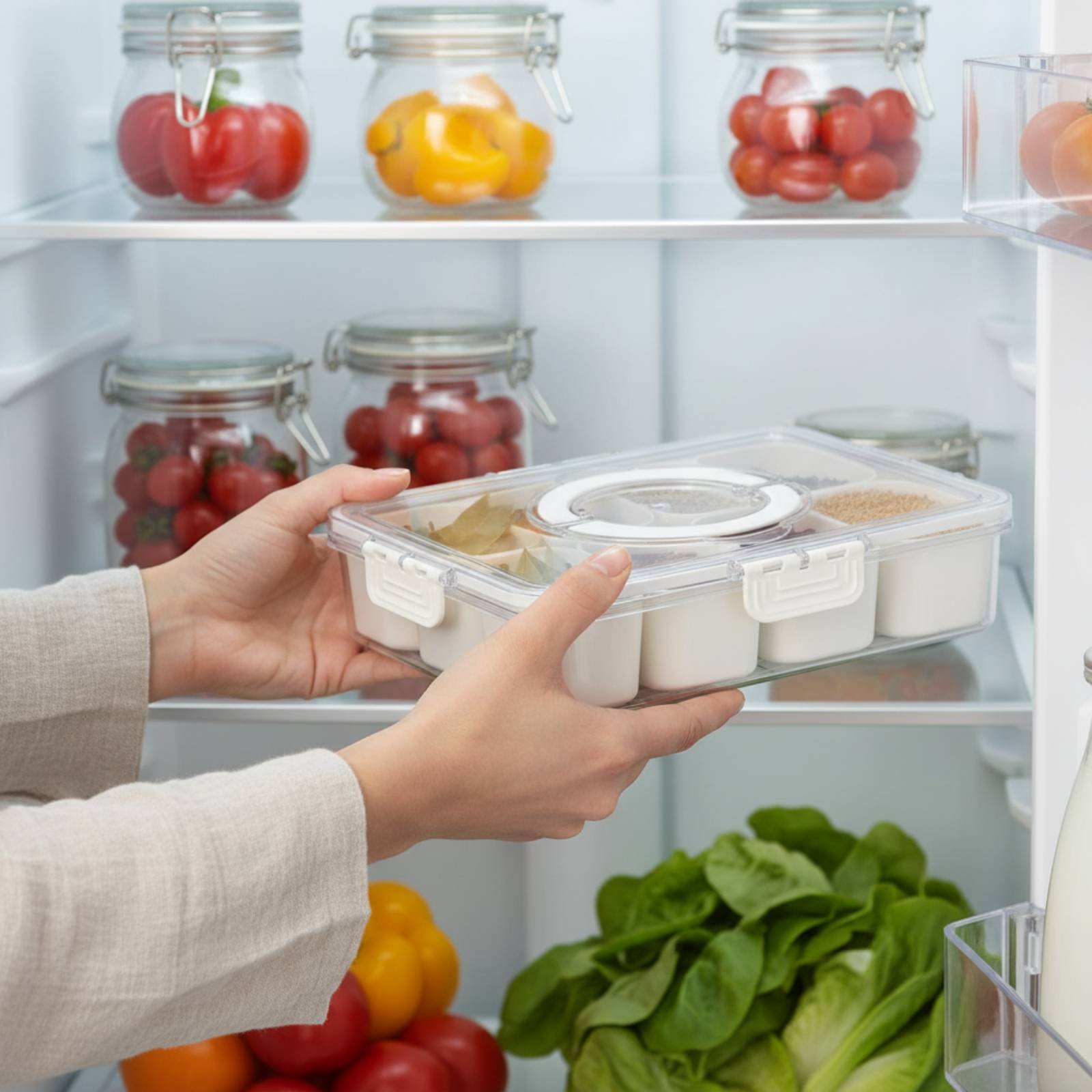 Food Storage With Dividers - صندوق تخزين للثلاجة بتصميم تصريف، حاوية