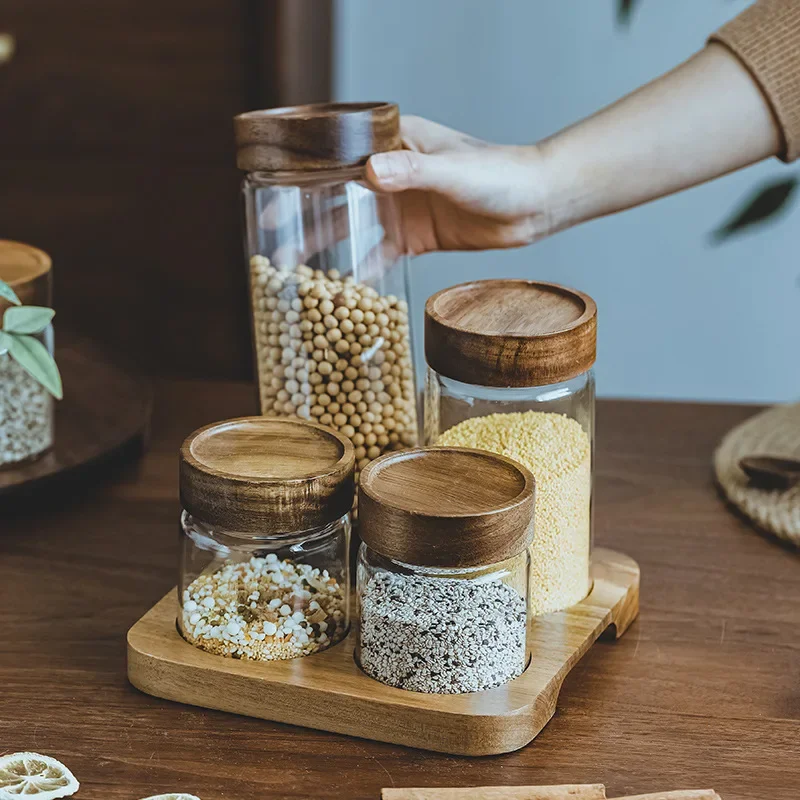 Food Storage Jars With Wooden Lids - وعاء زجاجي بغطاء خشبي ، علبة