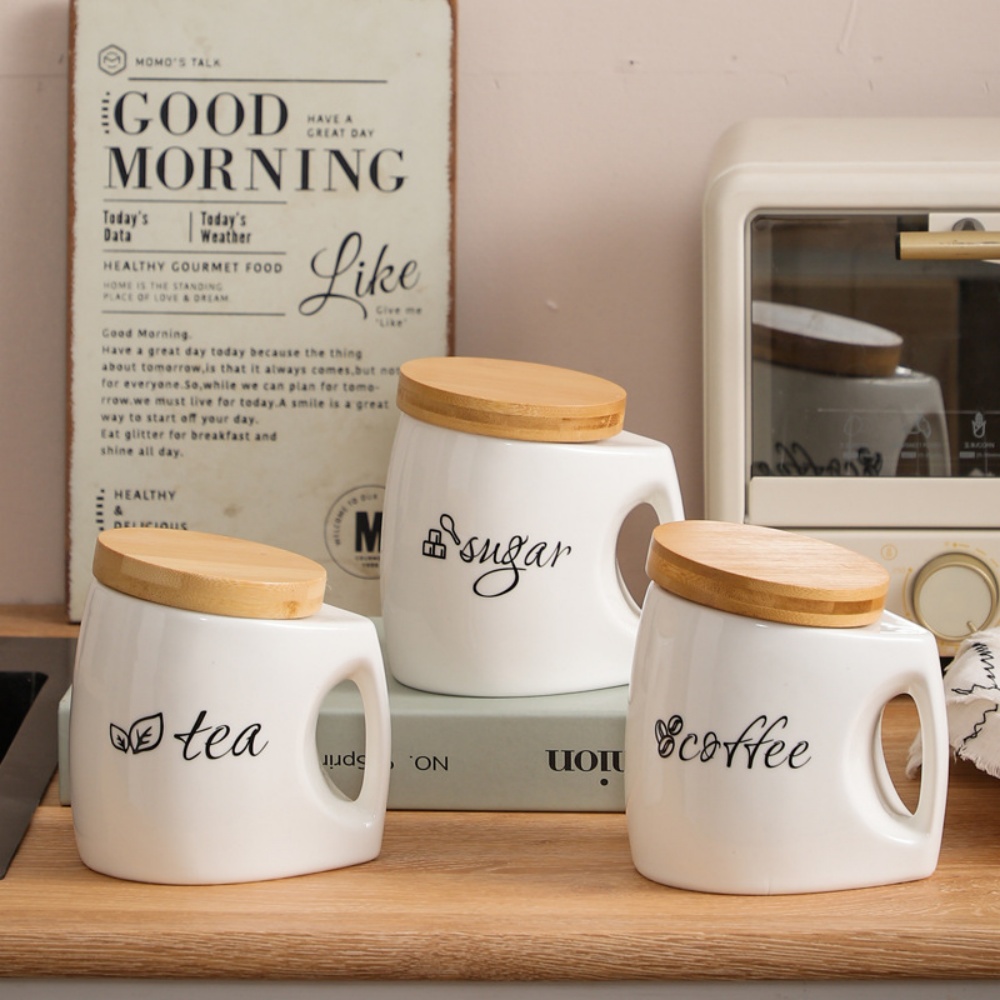 Food Storage Jars With Wooden Lids - وعاء تخزين سيراميك بغطاء ومقبض من