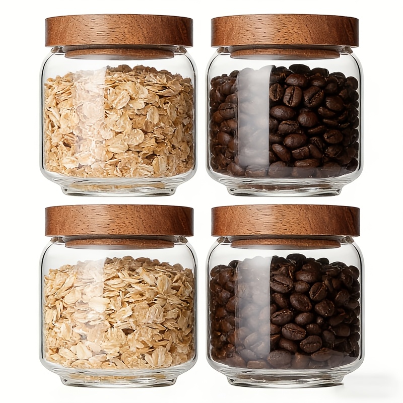Food Storage Jars With Wooden Lids - مجموعة من 4 برطمانات زجاجية شفافة